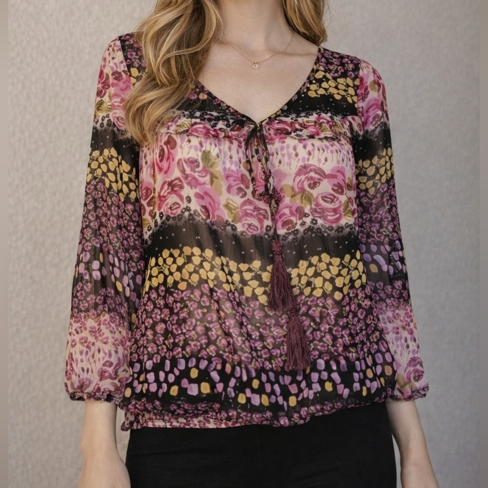 3/$30 VTG CATCH MY I Fairycore Floral Sheer Chiffon Smock Blouson Blouse